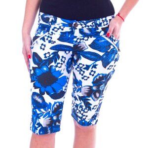 Women Knee Long Capri Shorts, CP-1309, Blue, Size 3/4